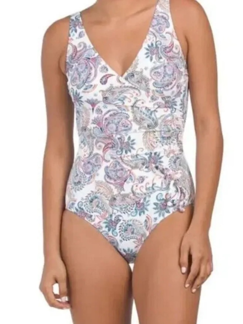 NipTuck White Paisley Print Sweat heart Ruched One-Piece Swimsuit size 4